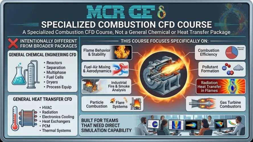 A Specialized Combustion CFD Course, Not a General Chemical or Heat Transfer Package